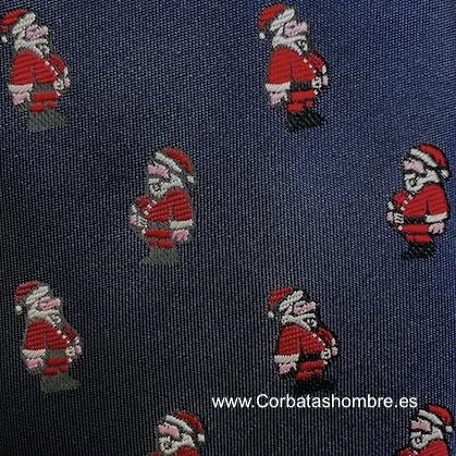 CORBATA DE NAVIDAD CON PAPAS NOELES O SANTA CLAUS SOBRE AZUL MARINO 