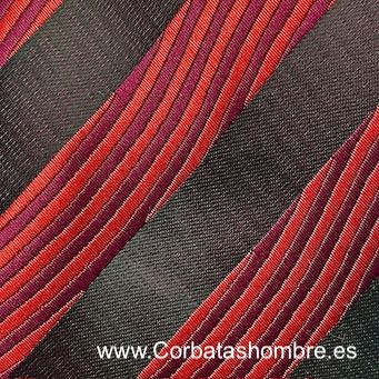 CORBATA ELEGANTE DE RAYAS ANCHAS NEGRAS COMBINADAS CON ONDAS ROJAS Y MORADAS 