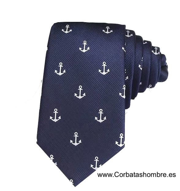 CORBATA ESTRECHA AZUL MARINO DE ANCLAS BLANCAS 