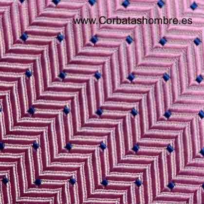 CORBATA ROSA DE TOPOS O LUNARES PEQUEÑOS AZULES SOBRE TELA ZIG ZAG 