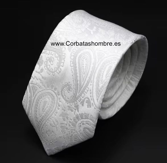 CONJUNTO DE PAÑUELO PARA TRAJE Y CORBATA BLANCA TELA JACQUARD DIBUJO DE CACHEMIR A 