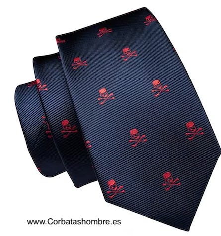 CONJUNTOS CORBATA Y PAÑUELOS TRAJE AZUL MARINO CON CALAVERAS TOJAS A JUEGO 