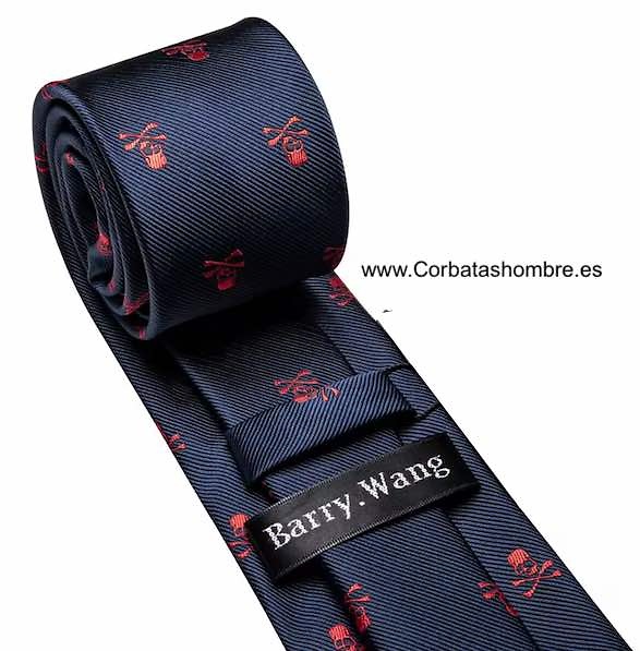 CORBATA AZUL MARINO DE CALAVERAS ROJAS 