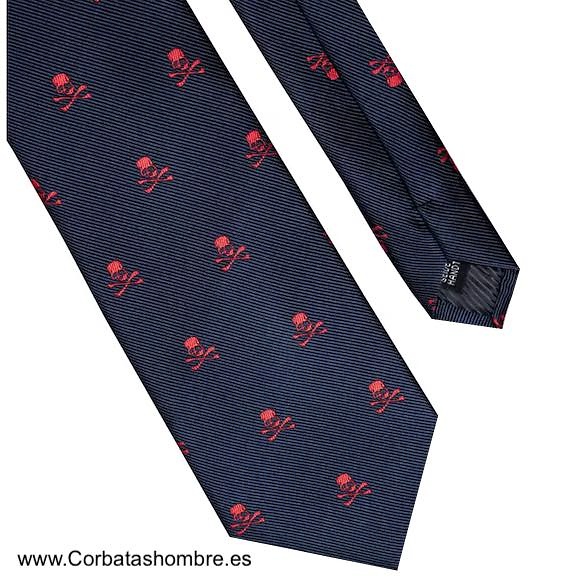 CORBATA AZUL MARINO DE CALAVERAS ROJAS 