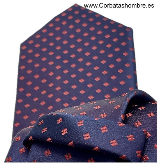 CORBATA AZUL MARINO DE SATÉN CON DIBJUJO DE MICRO FLORES ROJAS 