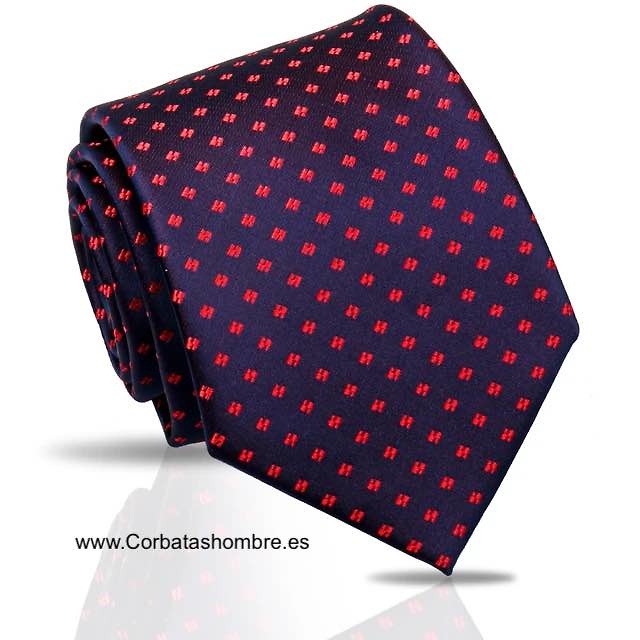 CORBATA AZUL MARINO DE SATÉN CON DIBJUJO DE MICRO FLORES ROJAS 