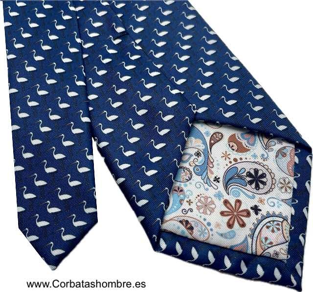 CORBATA AZUL MARINO ELEGANTE CON DIBUJO DE CIGUEÑAS BLANCAS 