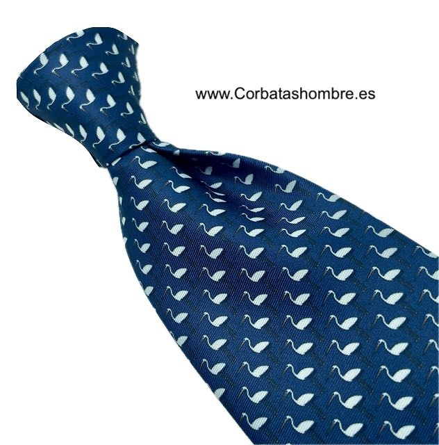 CORBATA AZUL MARINO ELEGANTE CON DIBUJO DE CIGUEÑAS BLANCAS 