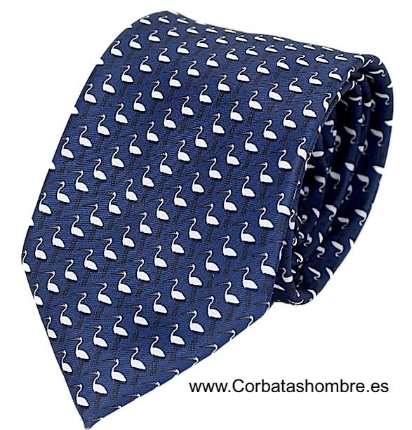 CORBATA AZUL MARINO ELEGANTE CON DIBUJO DE CIGUEÑAS BLANCAS 