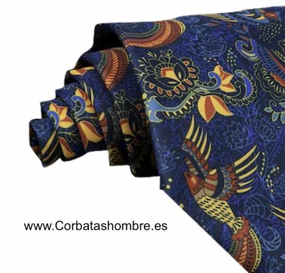 CORBATA AZUL OSCURA CON BONITO DIBJUJO DEL PARAISO Y TACTO SEDA 