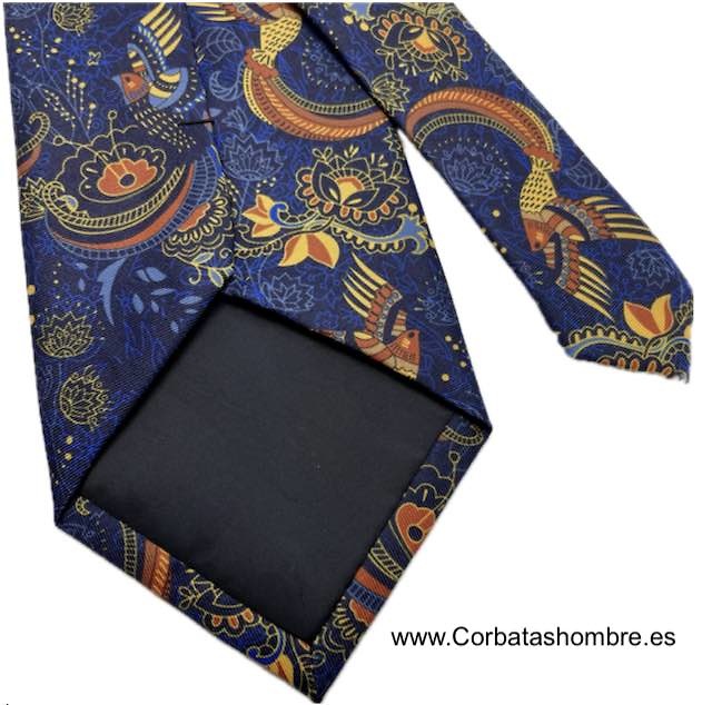 CORBATA AZUL OSCURA CON BONITO DIBJUJO DEL PARAISO Y TACTO SEDA 