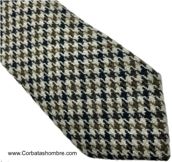 CORBATA DE LANA TELA TWEED PATA DE GALLO MARRÓN Y BEIGE 