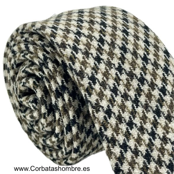 CORBATA DE LANA TELA TWEED PATA DE GALLO MARRÓN Y BEIGE 