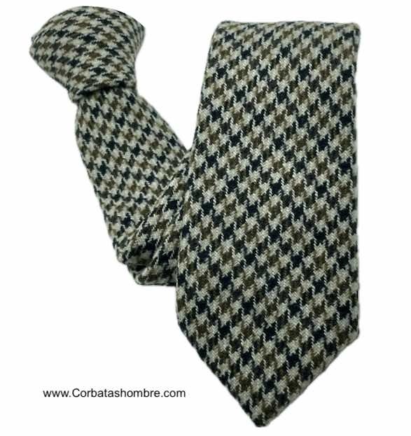 CORBATA DE LANA TELA TWEED PATA DE GALLO MARRÓN Y BEIGE 