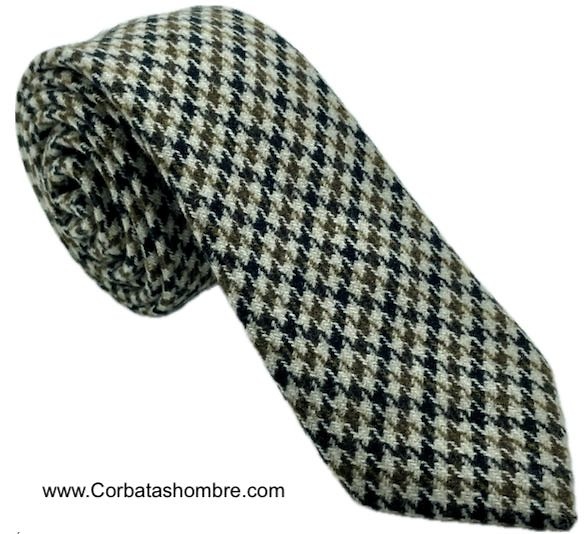 CORBATA DE LANA TELA TWEED PATA DE GALLO MARRÓN Y BEIGE 