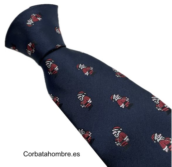 CORBATA DE NAVIDAD CON PAPAS NOELES O SANTA CLAUS SOBRE AZUL MARINO 