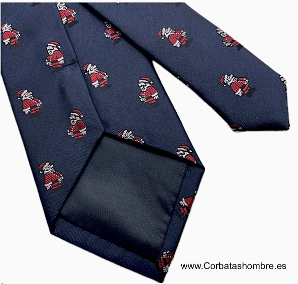 CORBATA DE NAVIDAD CON PAPAS NOELES O SANTA CLAUS SOBRE AZUL MARINO 