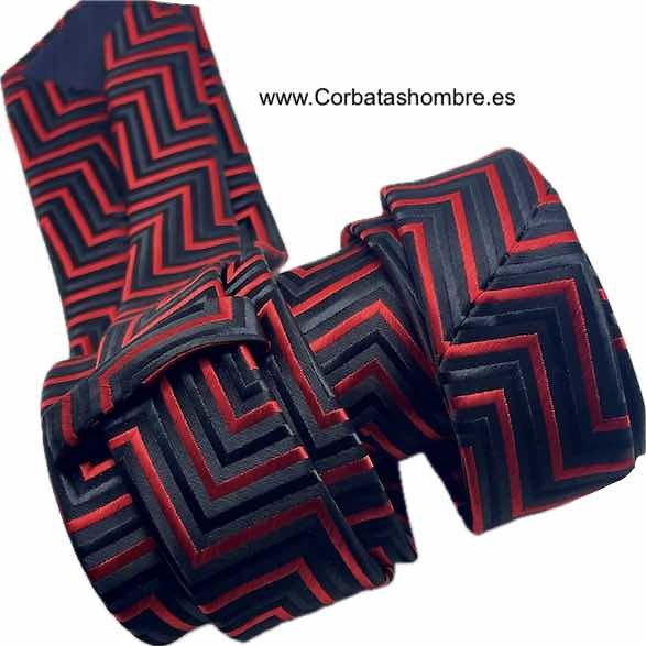 CORBATA DE RAYAS ABORDONADAS NEGRAS Y ROJAS ZIGZAG 