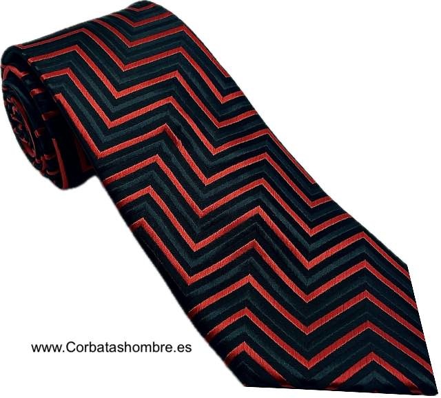 CORBATA DE RAYAS ABORDONADAS NEGRAS Y ROJAS ZIGZAG 