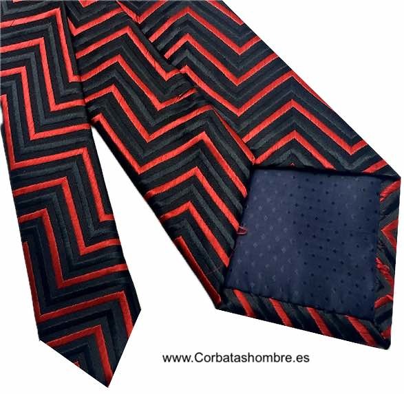 CORBATA DE RAYAS ABORDONADAS NEGRAS Y ROJAS ZIGZAG 