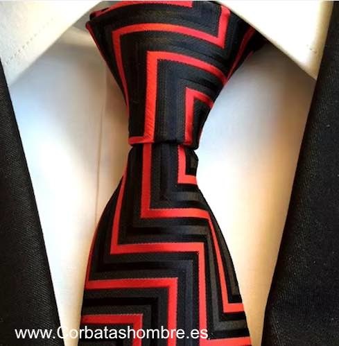 CORBATA DE RAYAS ABORDONADAS NEGRAS Y ROJAS ZIGZAG 