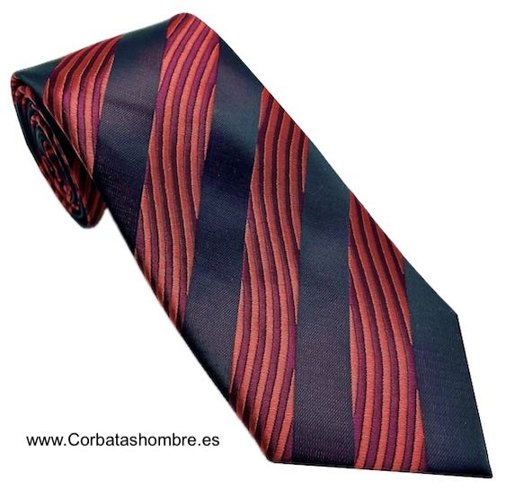 CORBATA ELEGANTE DE RAYAS ANCHAS NEGRAS COMBINADAS CON ONDAS ROJAS Y MORADAS 