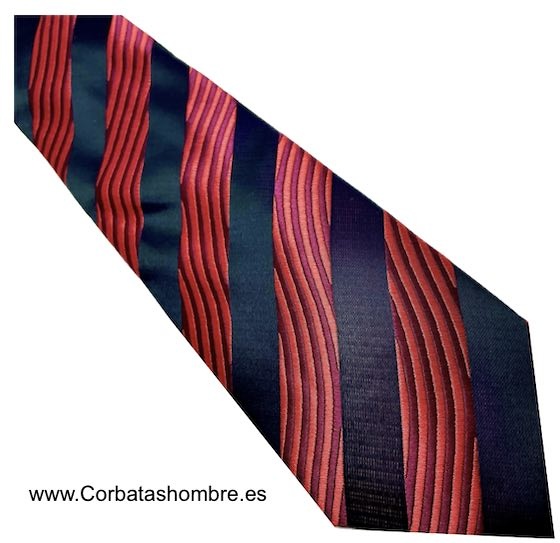 CORBATA ELEGANTE DE RAYAS ANCHAS NEGRAS COMBINADAS CON ONDAS ROJAS Y MORADAS 