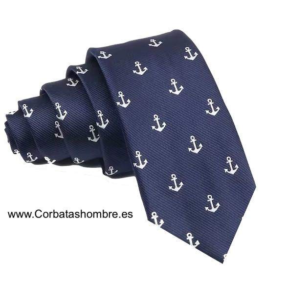 CORBATA ESTRECHA AZUL MARINO DE ANCLAS BLANCAS 