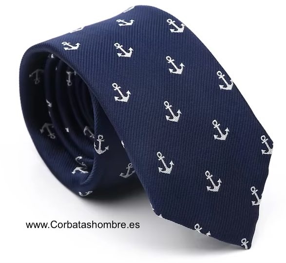 CORBATA ESTRECHA AZUL MARINO DE ANCLAS BLANCAS 