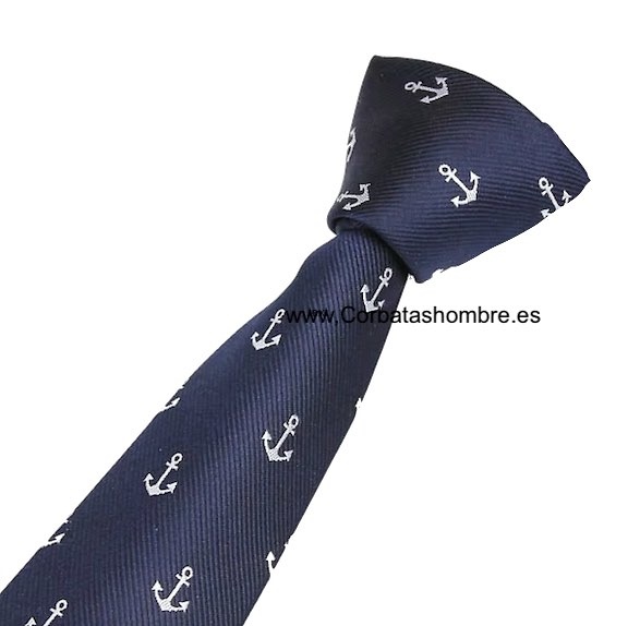 CORBATA ESTRECHA AZUL MARINO DE ANCLAS BLANCAS 