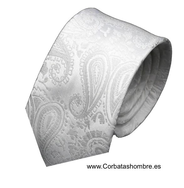 CORBATA ESTRECHA BLANCA CON DIBUJO CACHEMIR O PASLEY 