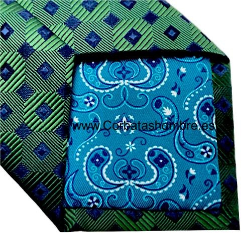 CORBATA LUXURY VERDE CON CUADRADOS AZUL MARINO 