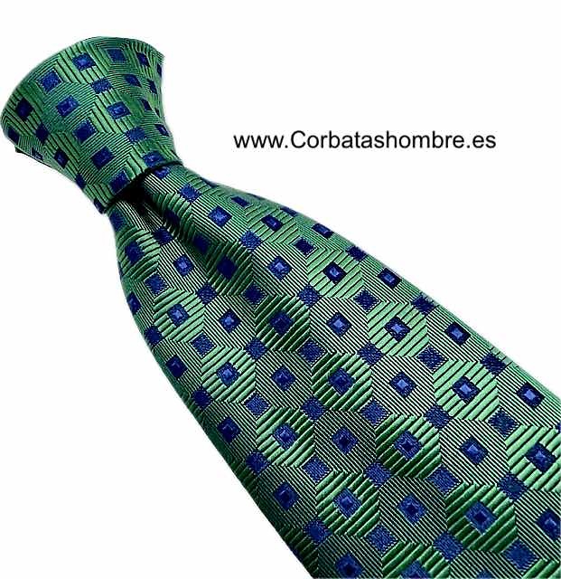 CORBATA LUXURY VERDE CON CUADRADOS AZUL MARINO 