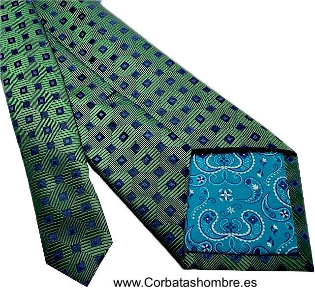 CORBATA LUXURY VERDE CON CUADRADOS AZUL MARINO 