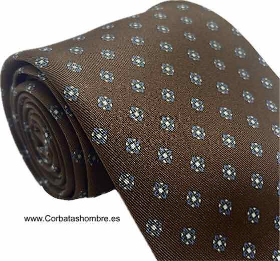 CORBATA MARRÓN TABACO CON MINI FLORES AZULES 