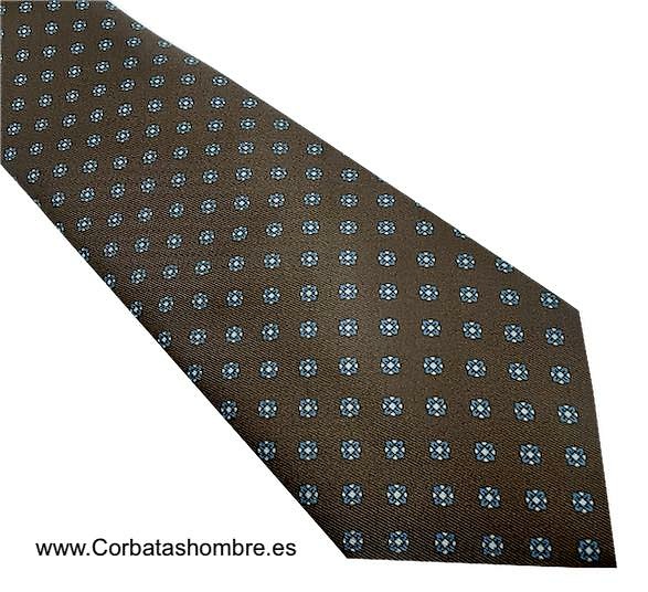 CORBATA MARRÓN TABACO CON MINI FLORES AZULES 