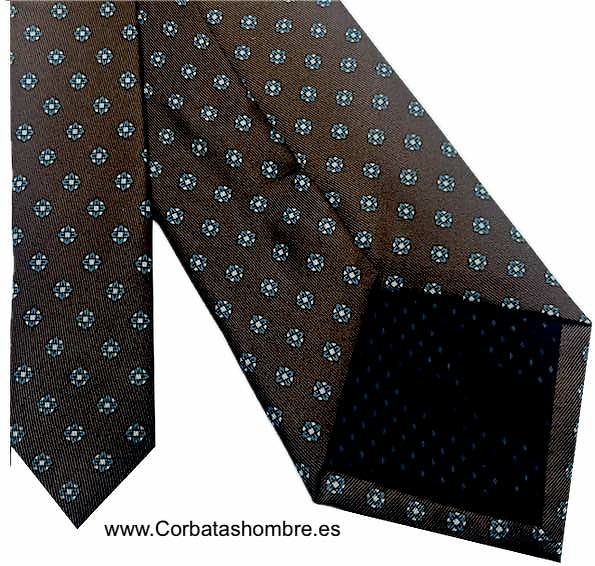 CORBATA MARRÓN TABACO CON MINI FLORES AZULES 