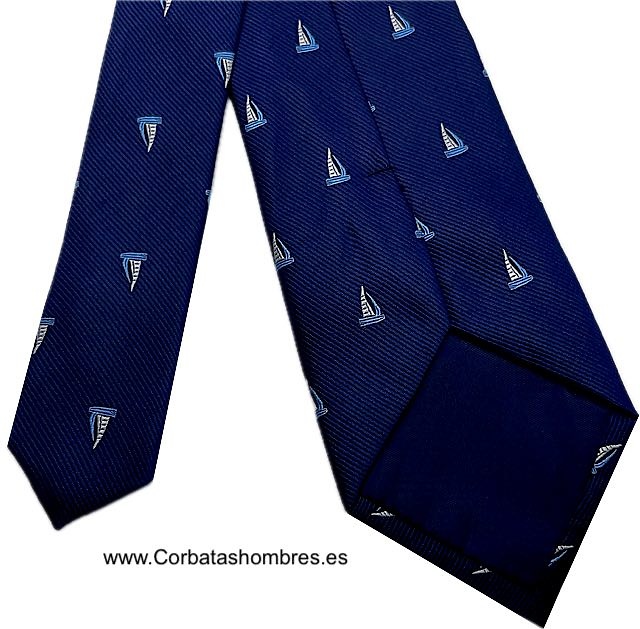 CORBATA NAUTICA AZUL MARINO CON BARCOS VELEROS PEQUEÑOS 