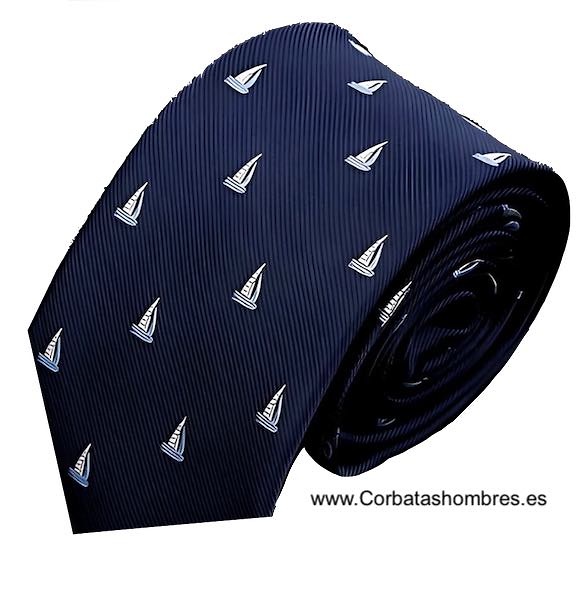 CORBATA NAUTICA AZUL MARINO CON BARCOS VELEROS PEQUEÑOS 