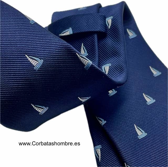 CORBATA NAUTICA AZUL MARINO CON BARCOS VELEROS PEQUEÑOS 