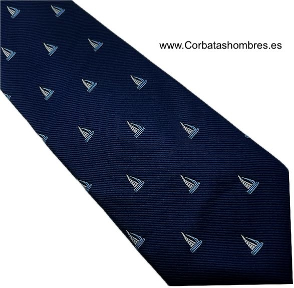 CORBATA NAUTICA AZUL MARINO CON BARCOS VELEROS PEQUEÑOS 