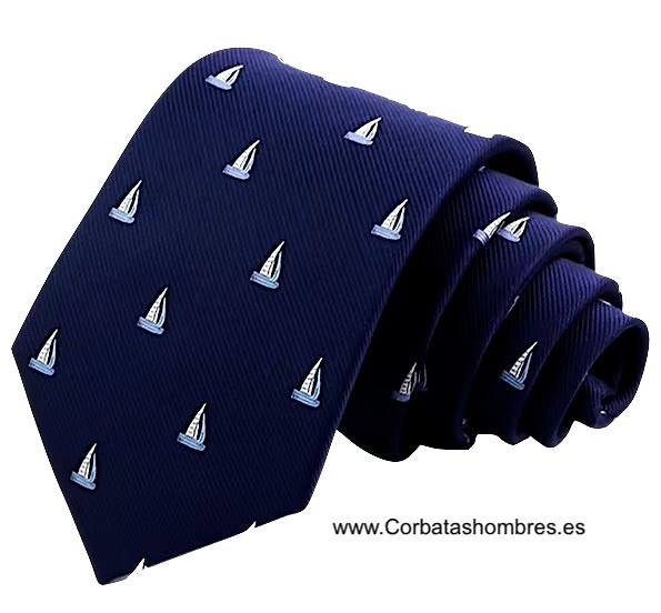 CORBATA NAUTICA AZUL MARINO CON BARCOS VELEROS PEQUEÑOS 