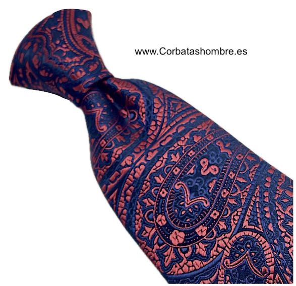 CORBATA PRECIOSA JACQUARD DE CACHEMIR Y MOTIVOS VENECIANOS EN AZUL MARINO OCURO Y ROJO 