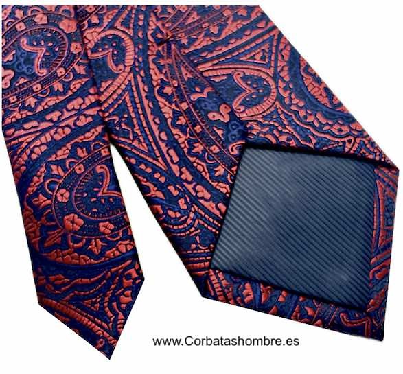 CORBATA PRECIOSA JACQUARD DE CACHEMIR Y MOTIVOS VENECIANOS EN AZUL MARINO OCURO Y ROJO 