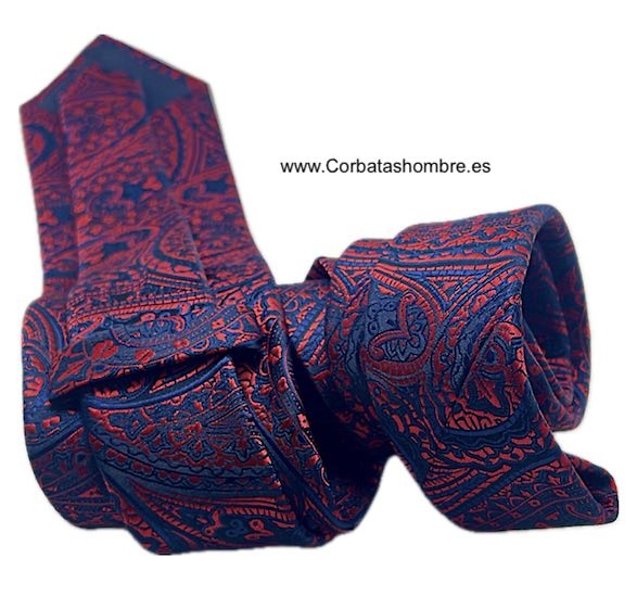 CORBATA PRECIOSA JACQUARD DE CACHEMIR Y MOTIVOS VENECIANOS EN AZUL MARINO OCURO Y ROJO 