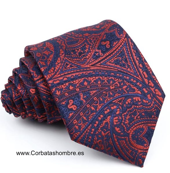 CORBATA PRECIOSA JACQUARD DE CACHEMIR Y MOTIVOS VENECIANOS EN AZUL MARINO OCURO Y ROJO 