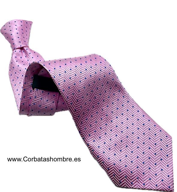 CORBATA ROSA DE TOPOS O LUNARES PEQUEÑOS AZULES SOBRE TELA ZIG ZAG 