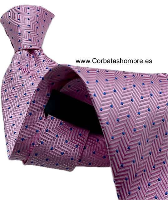 CORBATA ROSA DE TOPOS O LUNARES PEQUEÑOS AZULES SOBRE TELA ZIG ZAG 