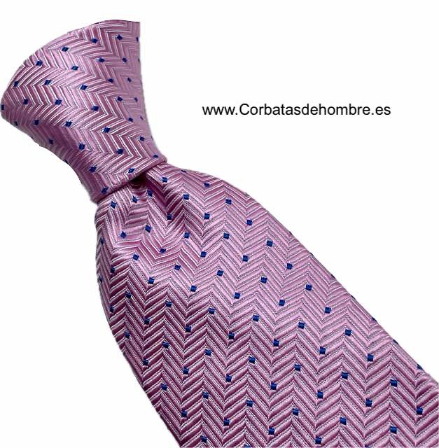 CORBATA ROSA DE TOPOS O LUNARES PEQUEÑOS AZULES SOBRE TELA ZIG ZAG 