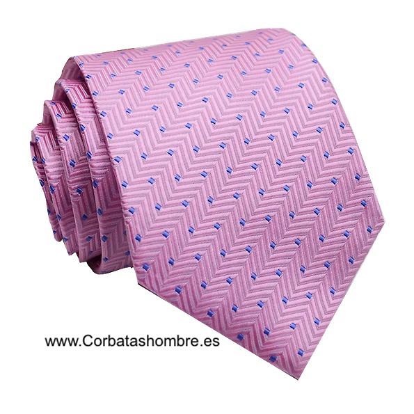 CORBATA ROSA DE TOPOS O LUNARES PEQUEÑOS AZULES SOBRE TELA ZIG ZAG 